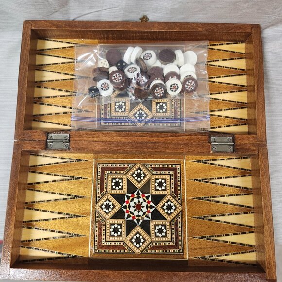 Vintage Small Marquetry Mosaic wood Inlaid Backgammon Board - Picture 9 of 9